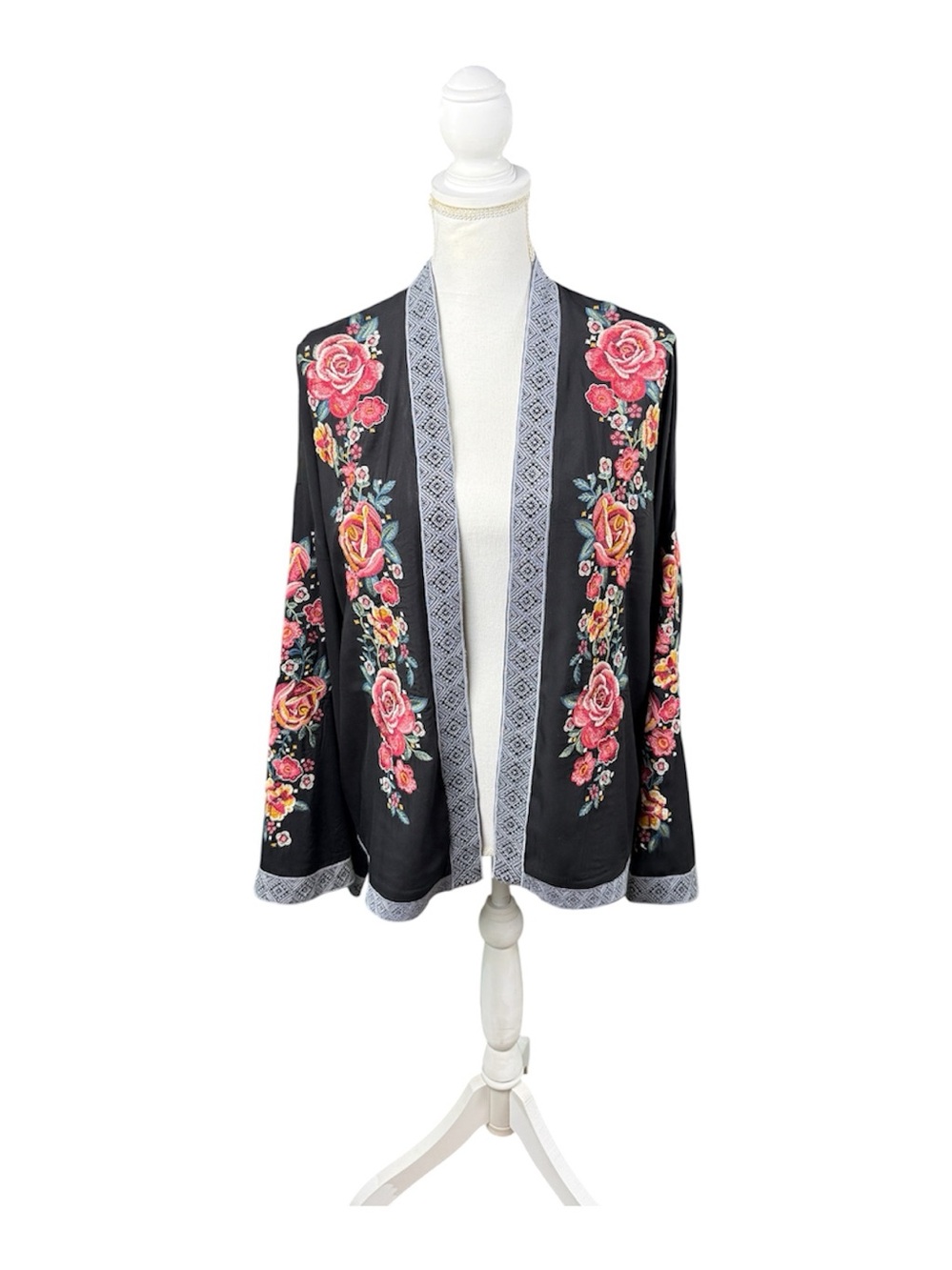 Savannah Jane Black Floral Embroidered Open Front Kimono Boho Bell Sleeve